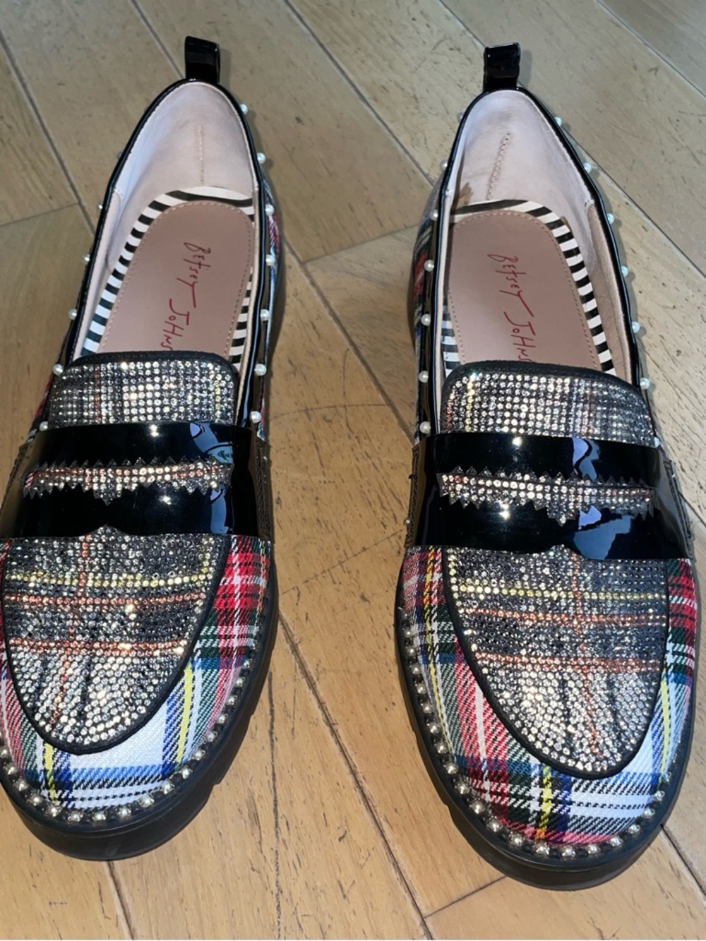 Betsey Johnson 7.5 Multicolor Plaid Bead &  Pearl Loafers Preppy Punk Bling CUTE